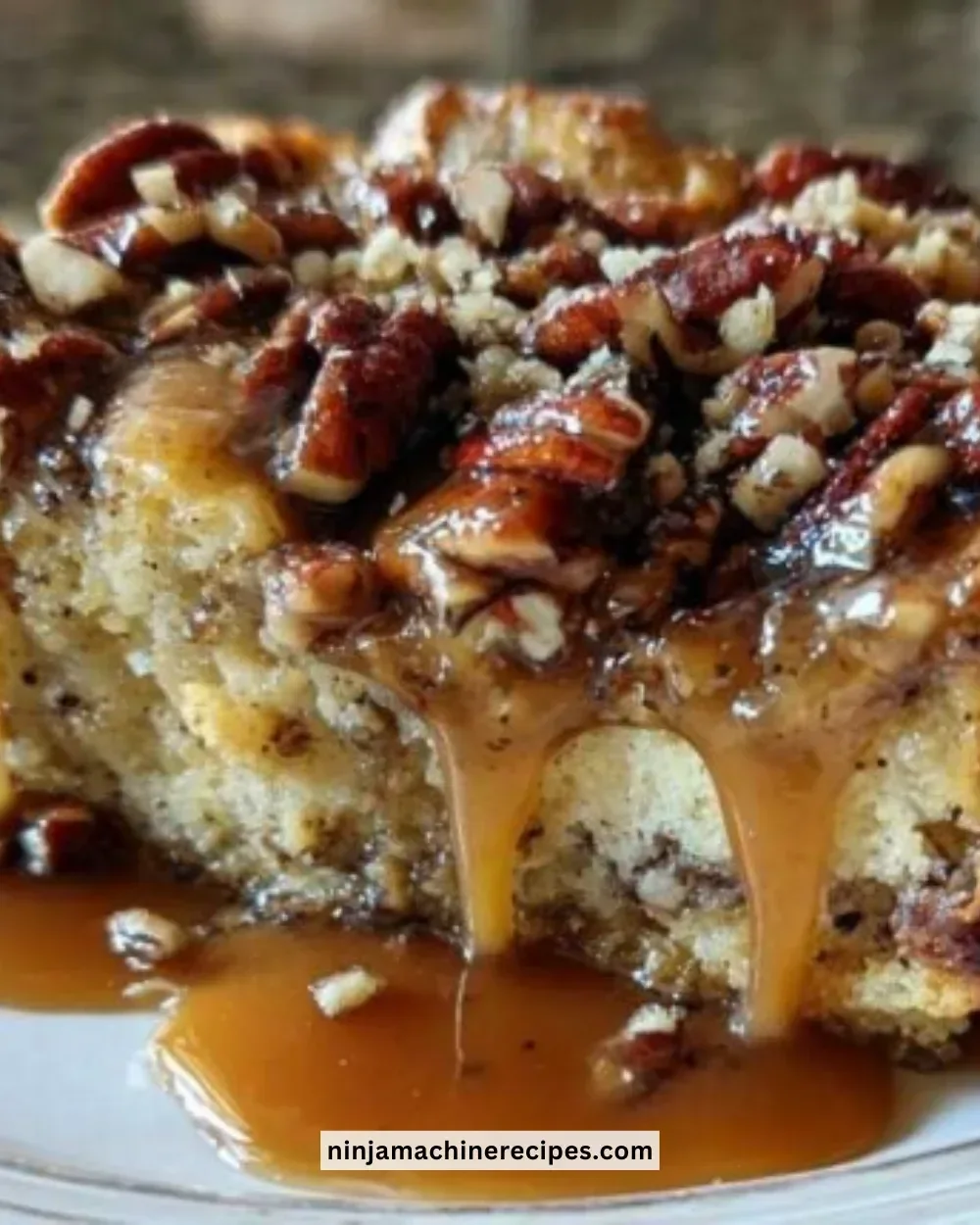 Delicious warm pecan caramel bread pudding served in a bowl