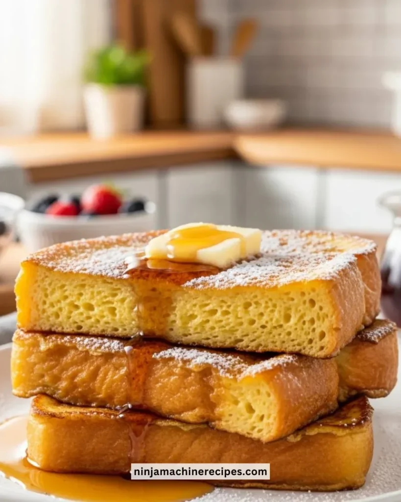 Plate of classic French toast with syrup and fresh berries