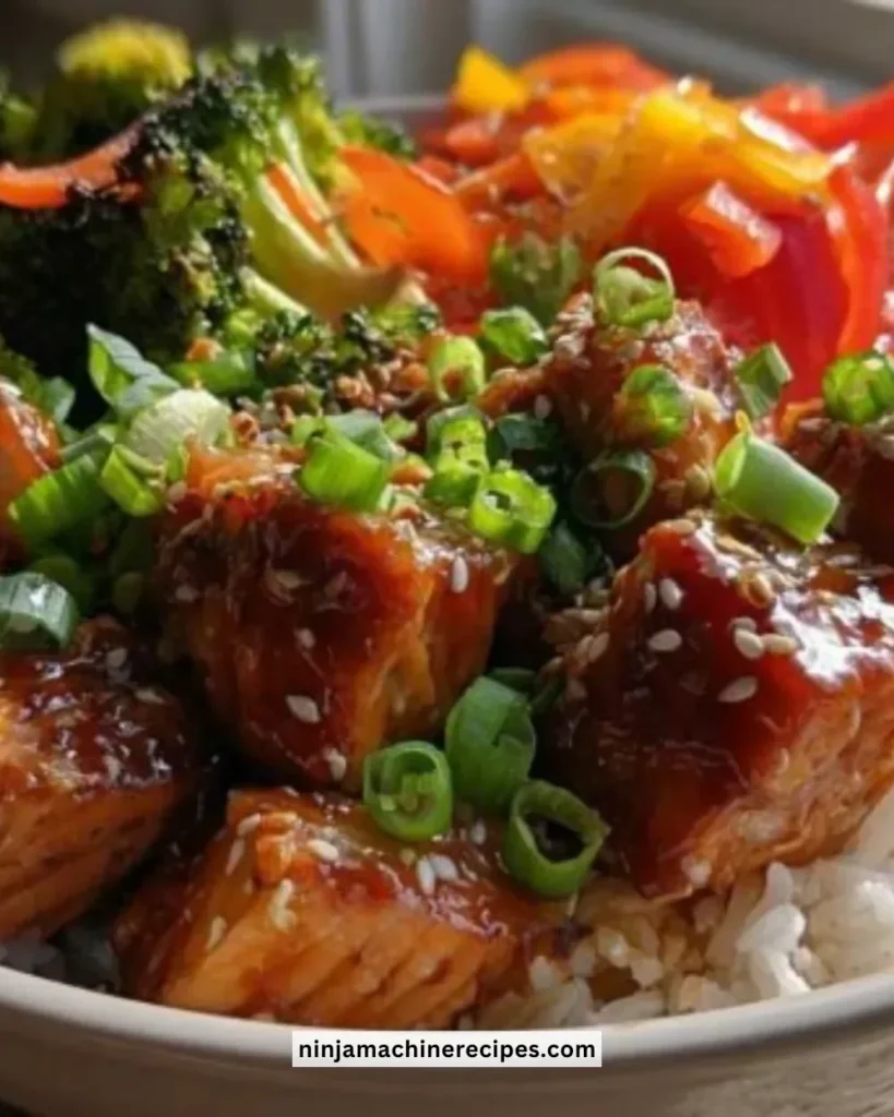Delicious teriyaki salmon bowls with vegetables and rice