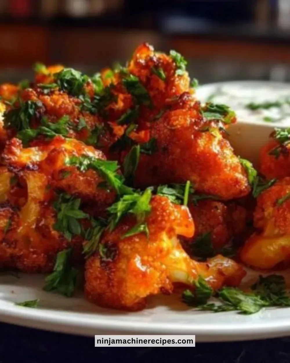Plate of crispy buffalo cauliflower bites served with dipping sauce