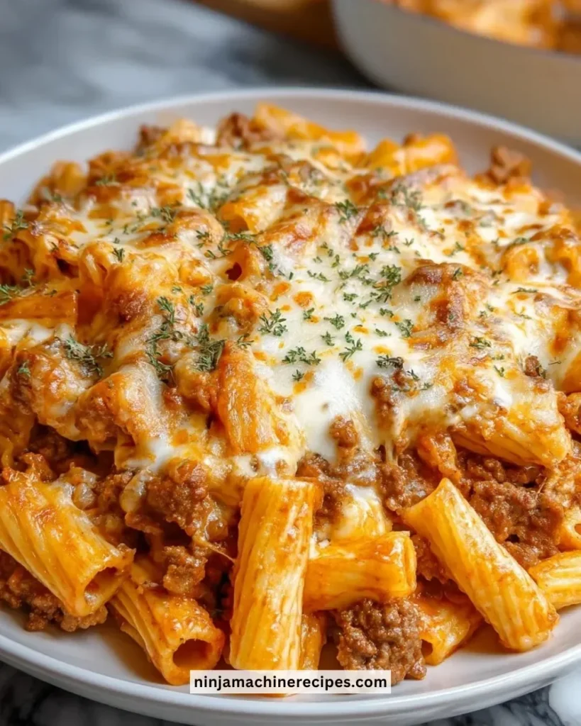 Delicious Beef Rigatoni Cheese Bake topped with melted cheese and herbs