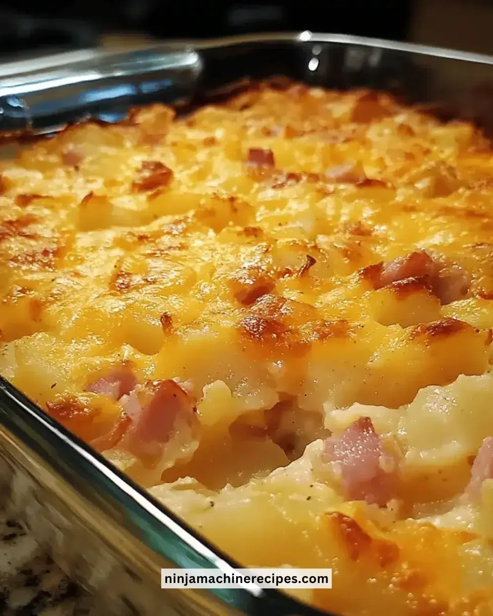 Delicious cheesy ham potato casserole served in a baking dish