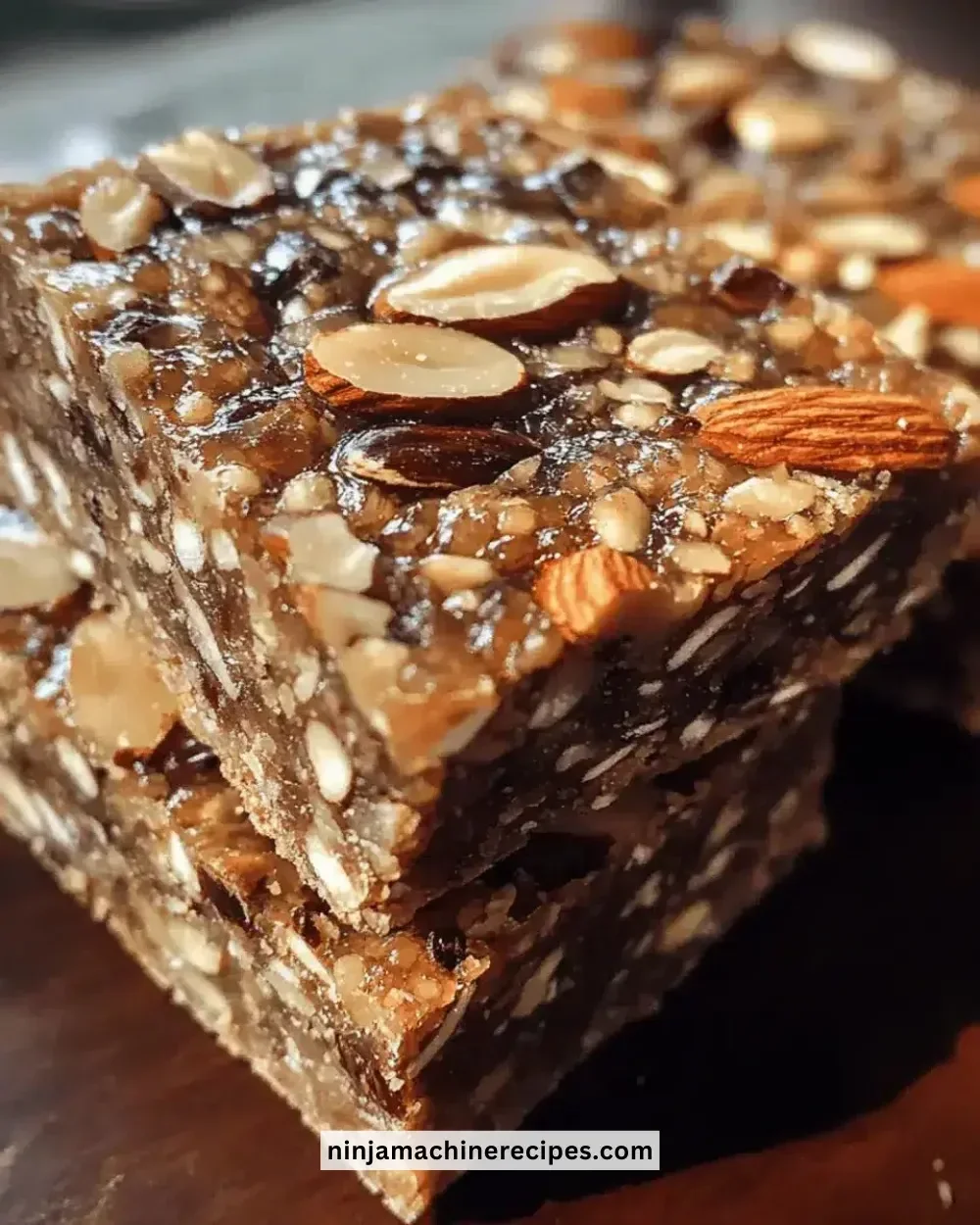 Chewy roasted almond date energy bars stacked on a wooden table