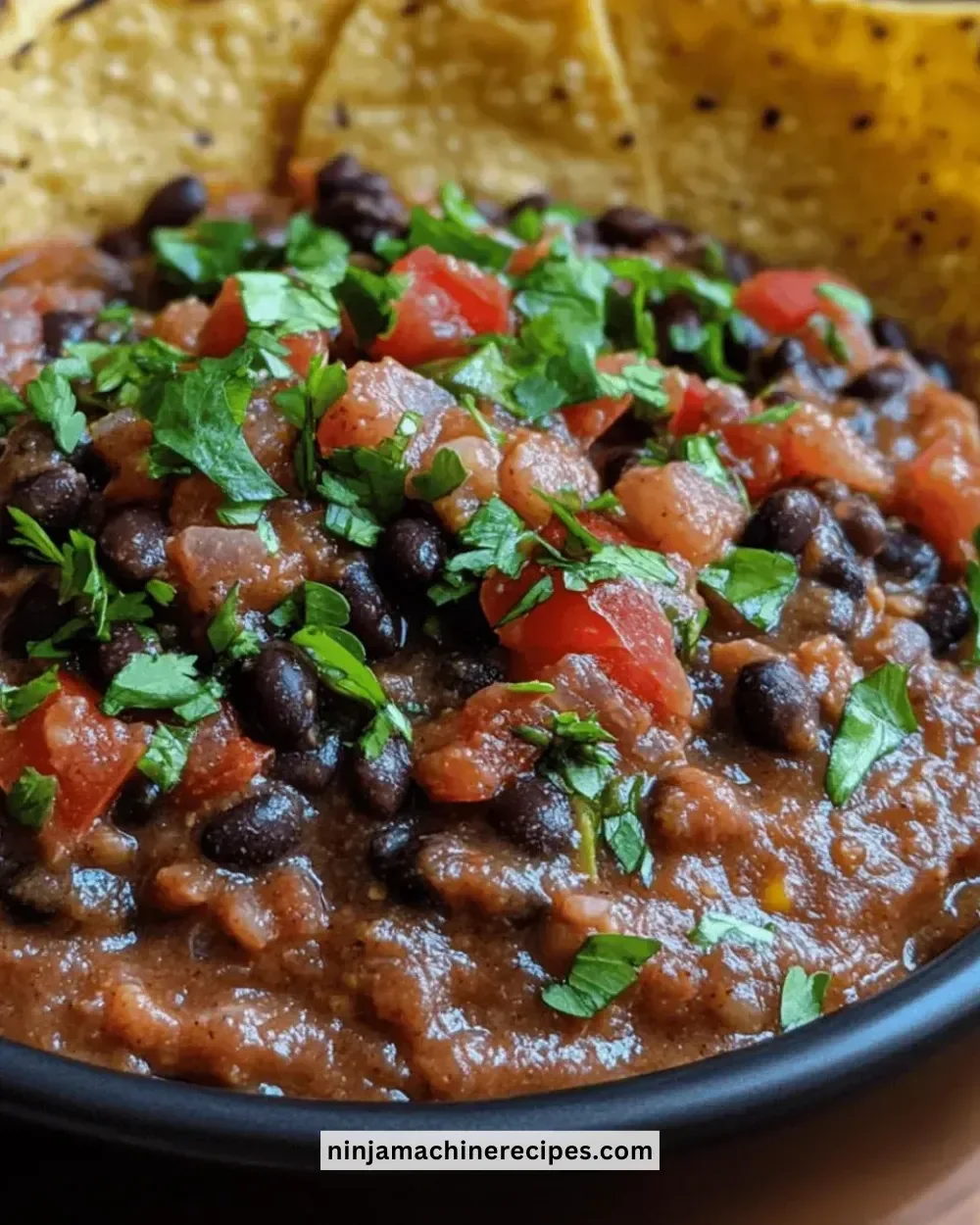 Bowl of homemade spicy black bean dip with tortilla chips on the side
