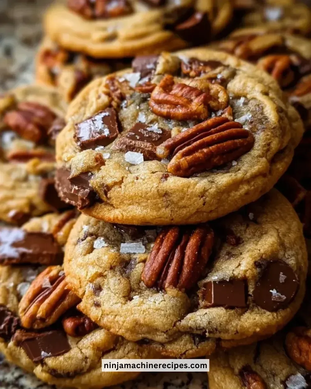 Brown butter bourbon pecan chocolate chunk cookies on a plate