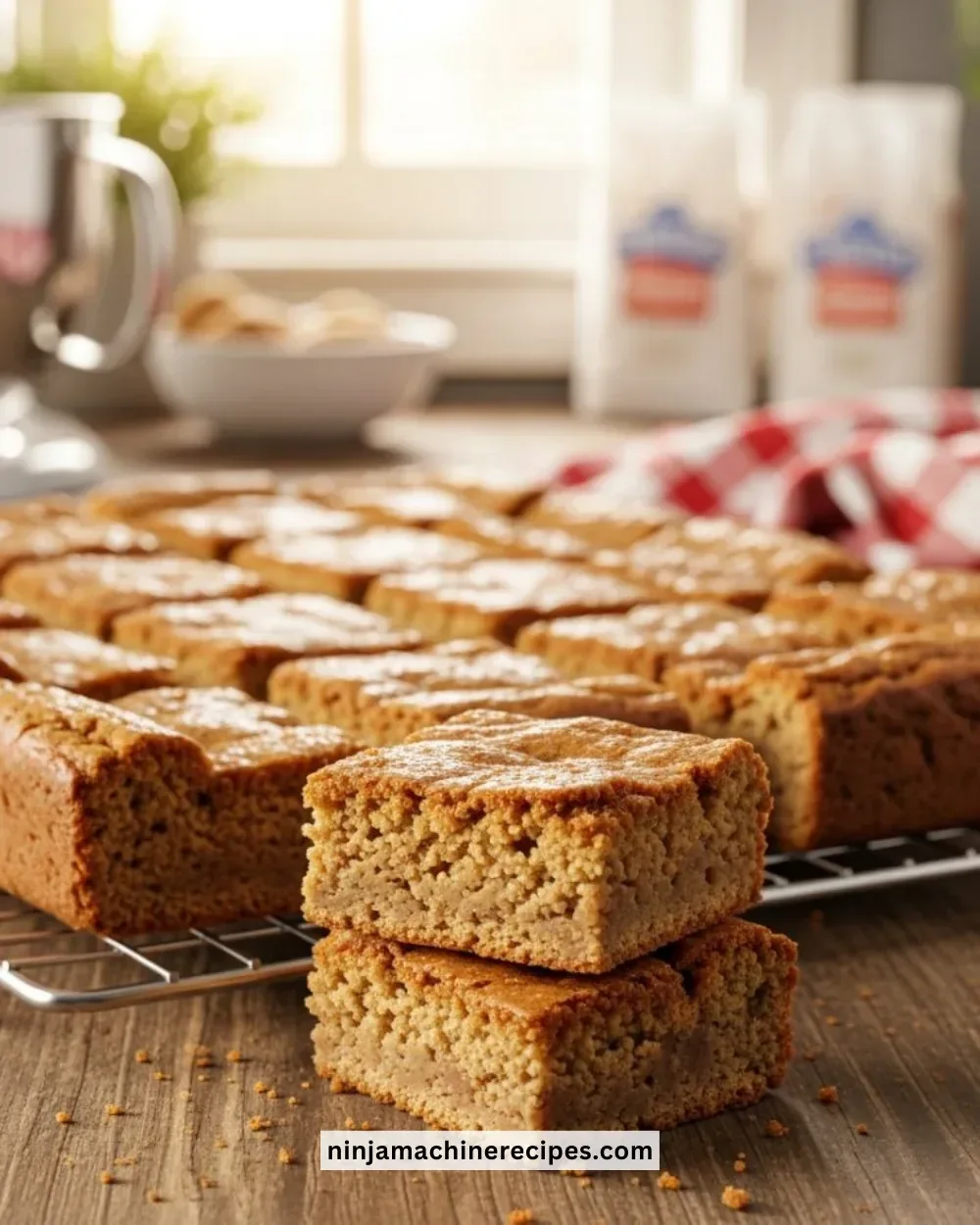 Freshly baked brown sugar gingerbread blondies topped with spices and a drizzle of icing.