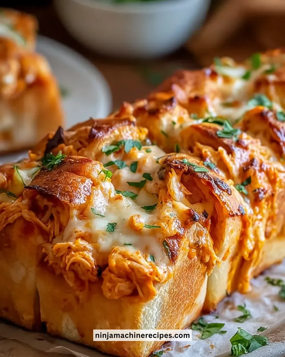 Buffalo Chicken Bread topped with cheese and spices, served on a plate