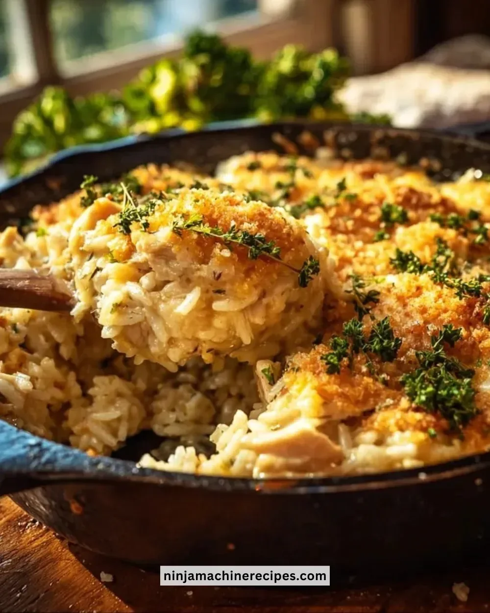 Cheesy chicken and rice casserole served in a baking dish