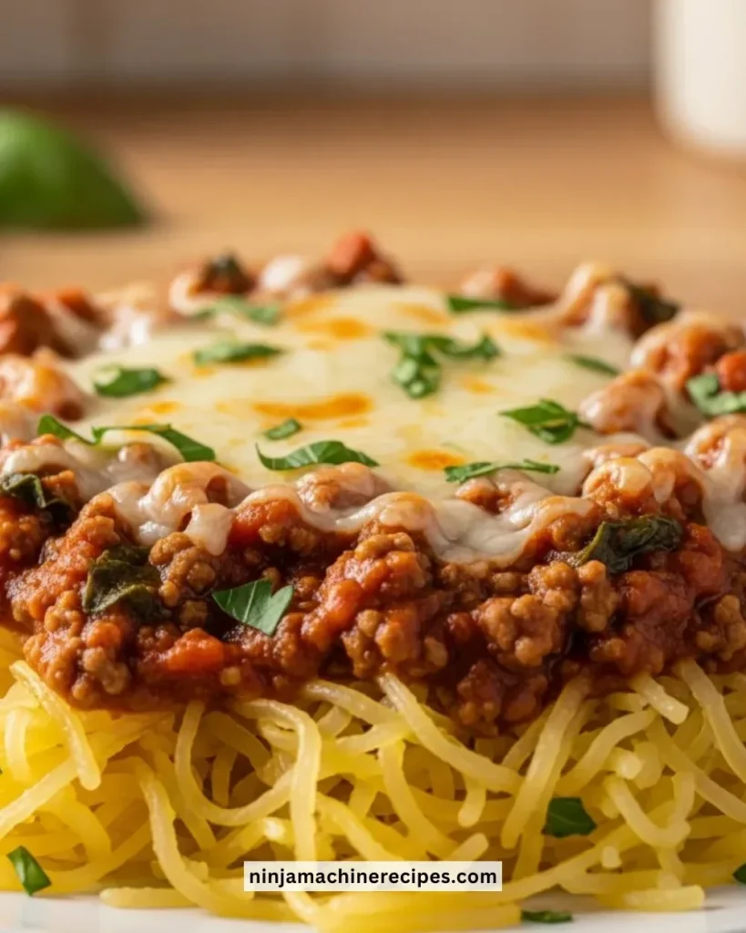 Cheesy Garlic and Herb Spaghetti Squash served with meat sauce