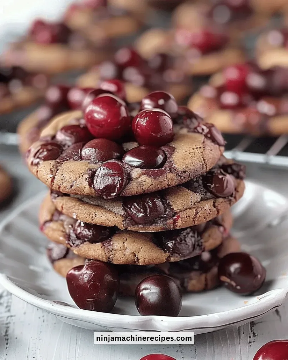 Delicious cherry chocolate chewy cookies stacked on a plate.