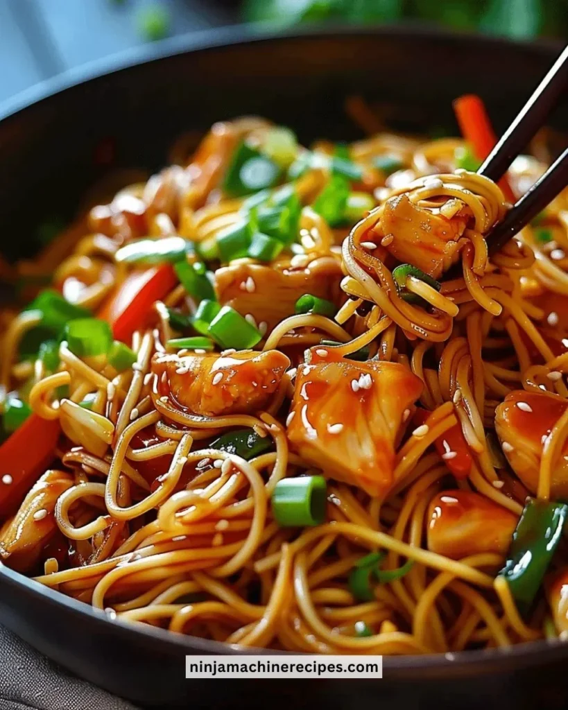 A plate of Chicken Lo Mein with chicken, vegetables, and noodles.