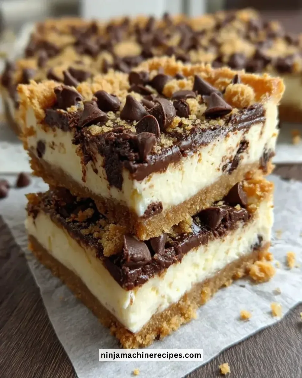 Delicious chocolate chip cookie dough bars on a wooden table