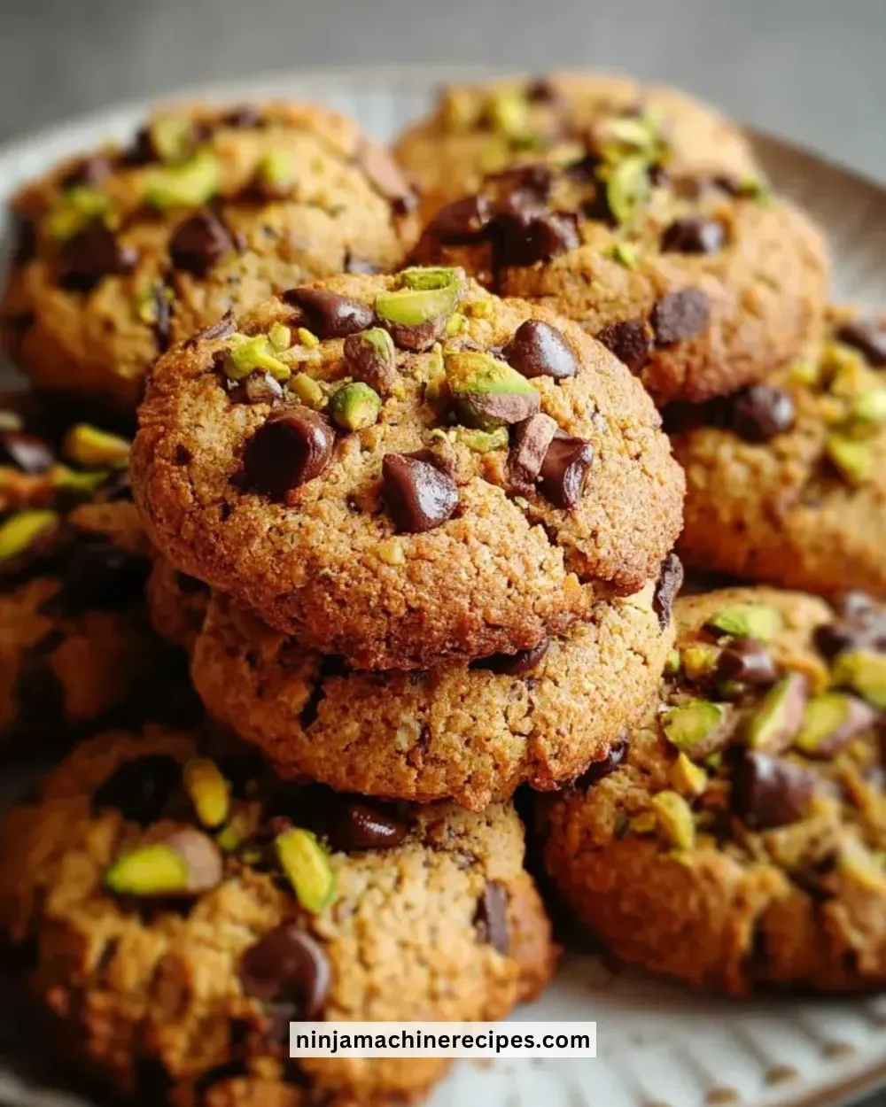 Chocolate chip pistachio cookies fresh out of the oven on a cooling rack