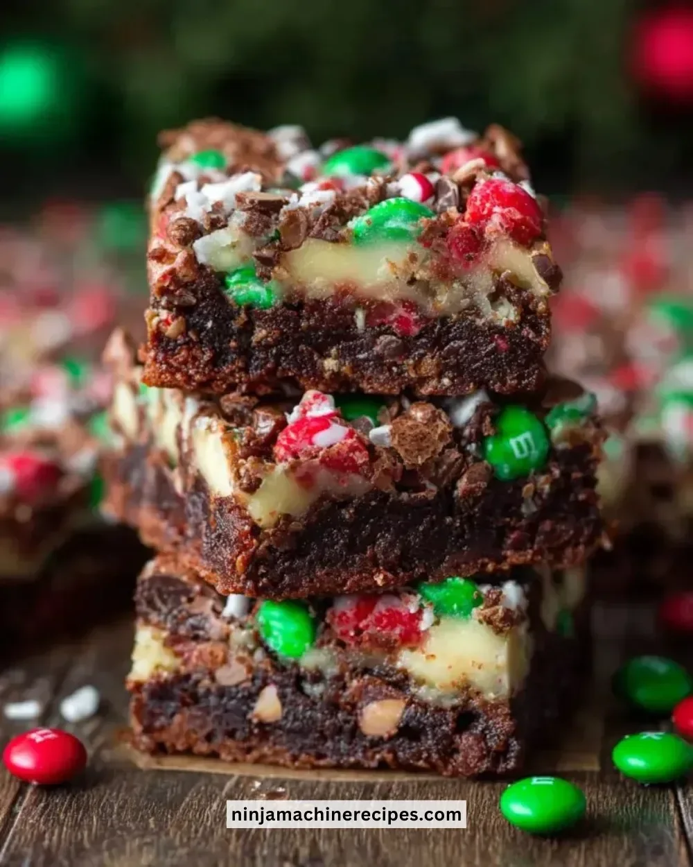 Delicious Christmas Magic Layer Brownie Bars topped with festive decorations