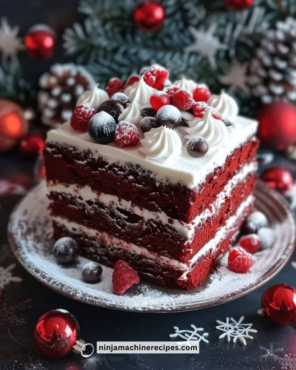 Christmas Red Velvet Poke Cake topped with white icing and festive decorations