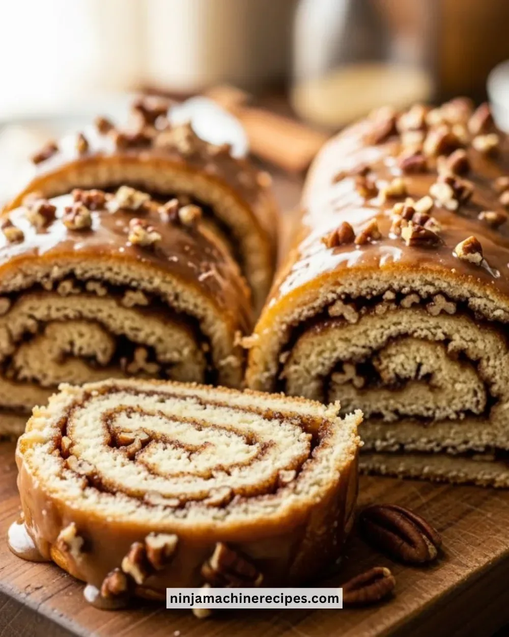 Deliciously rolled Cinnamon Maple Pecan Roulades with nutty toppings.
