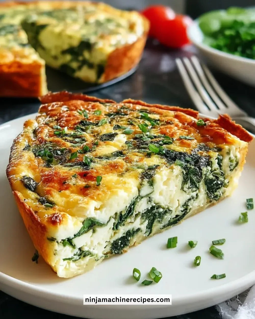 Cottage cheese and spinach crustless quiche served on a plate