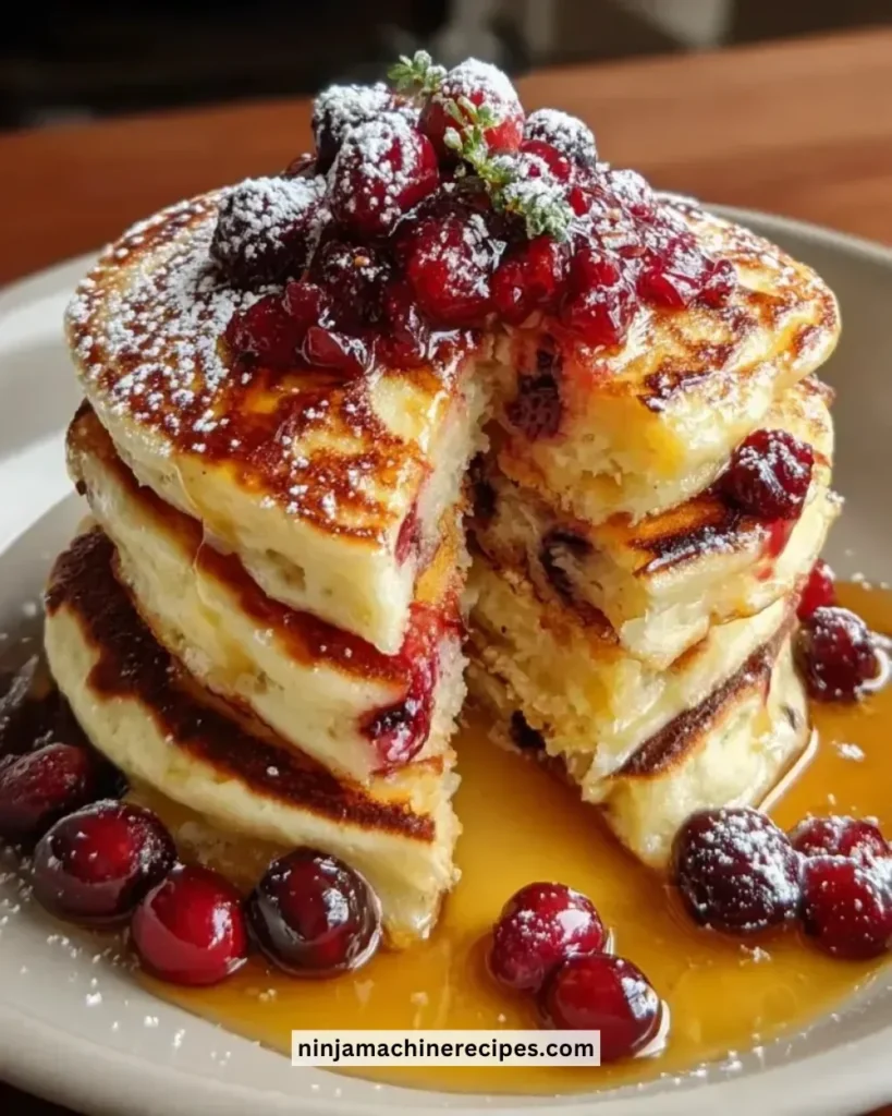 Delicious Cranberry Orange Ricotta Pancakes stacked with fresh cranberries