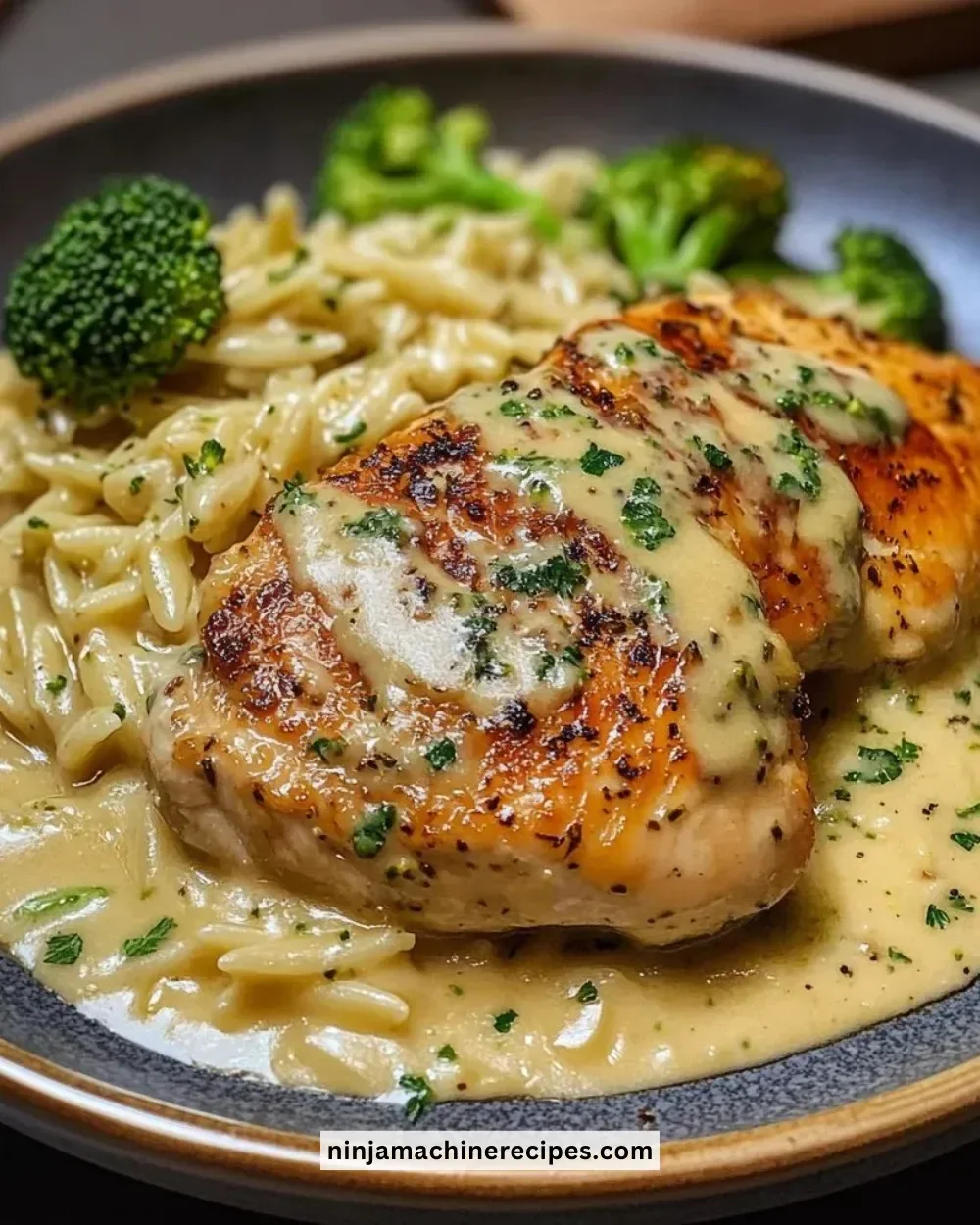 Delicious creamy chicken broccoli orzo in a bowl, ready to serve.
