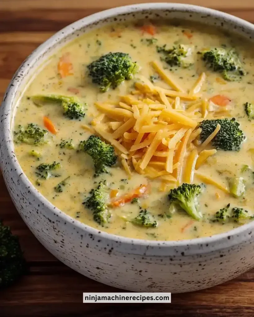 Bowl of creamy copycat Jason's Deli broccoli cheddar soup topped with cheese.