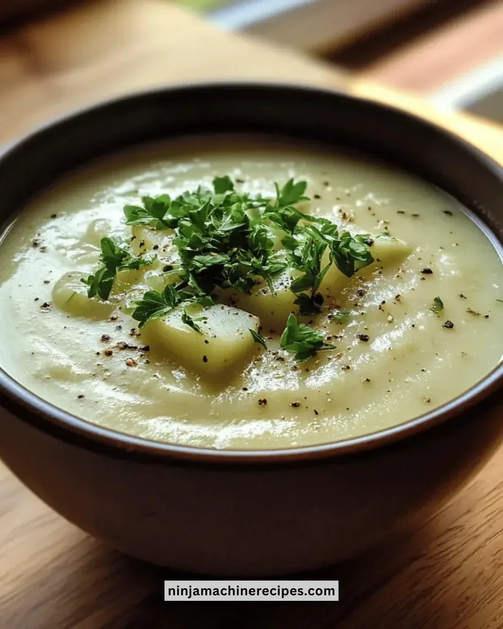Creamy leek and potato soup in a rustic bowl, garnished with fresh herbs.