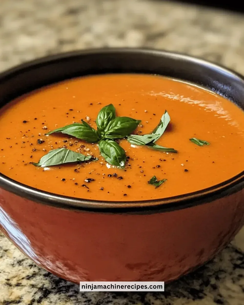 Bowl of creamy tomato basil soup garnished with fresh basil leaves.