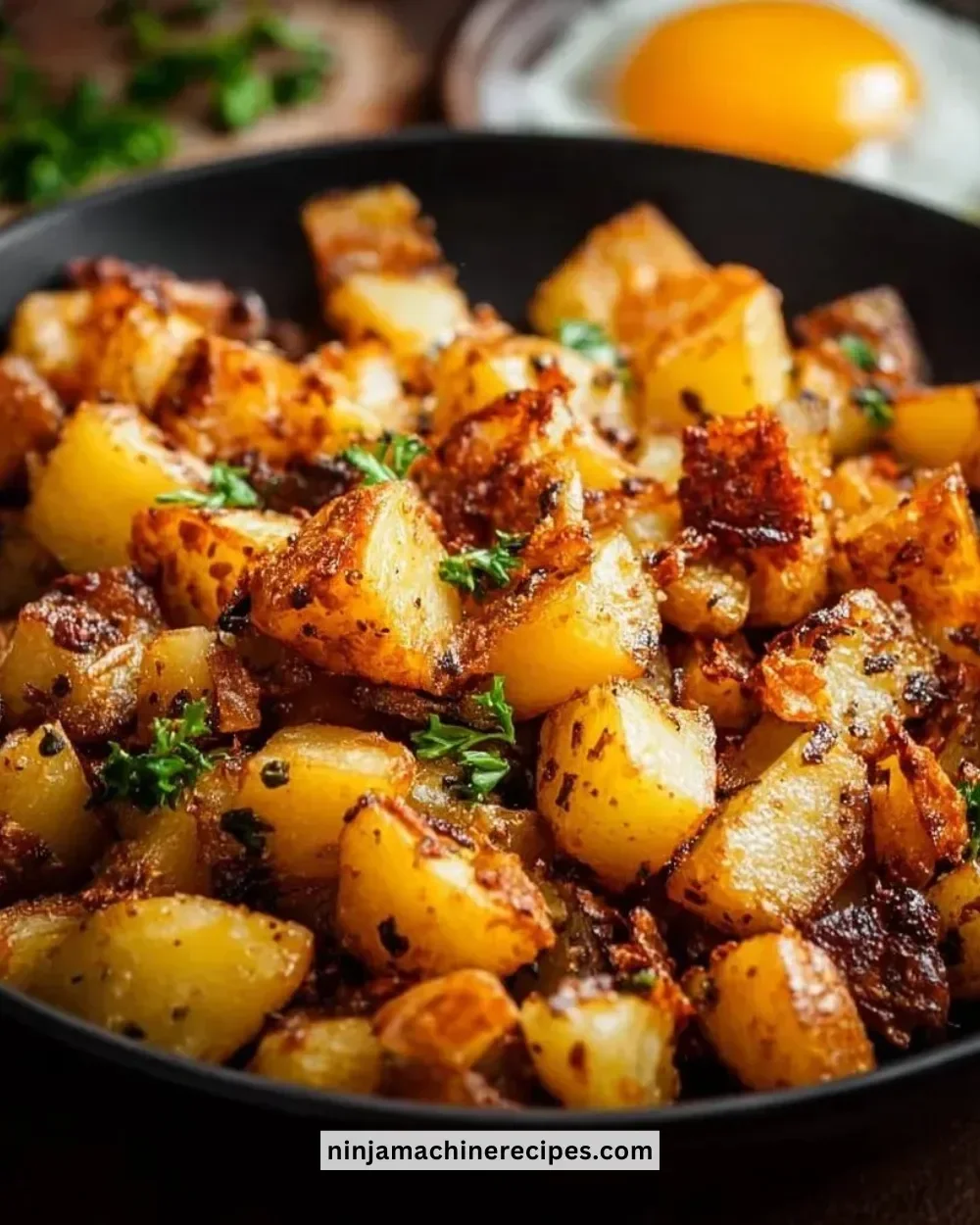 Crispy breakfast potatoes served on a plate with herbs.