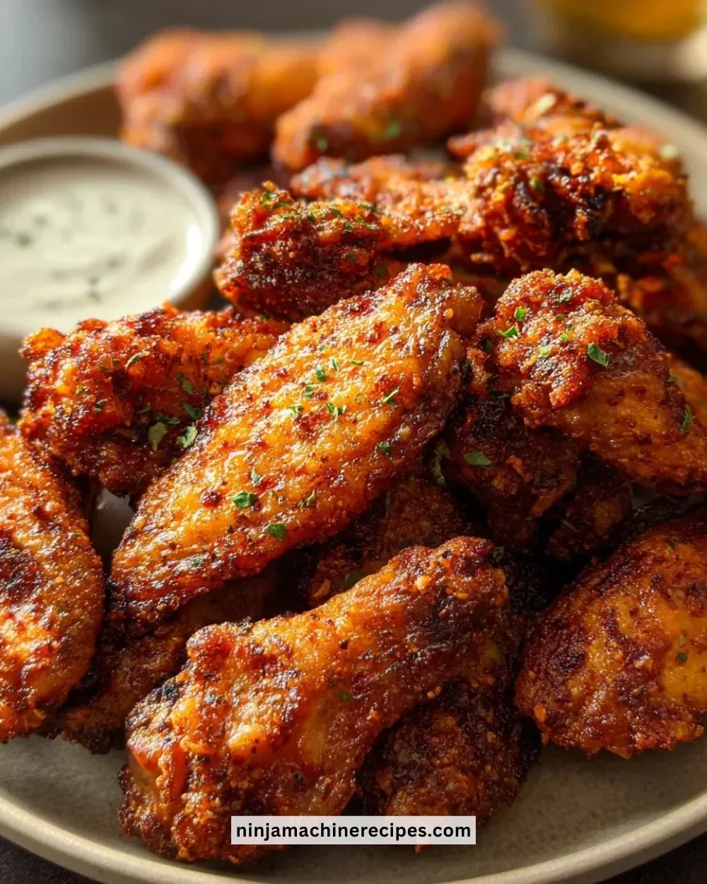 Crispy dry rub chicken wings served with dipping sauce