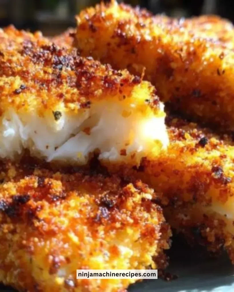 Crispy golden fish sticks served with dipping sauce on a plate.