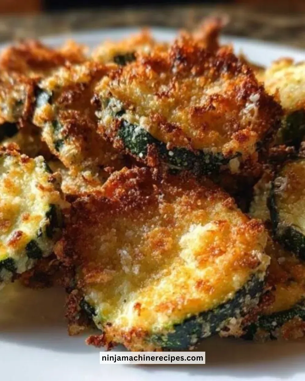 Crispy zucchini parmesan chips served on a plate, garnished for presentation.