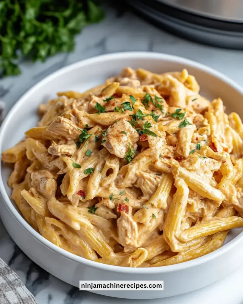 Crock Pot Creamy Cajun Chicken Pasta served in a bowl with fresh herbs