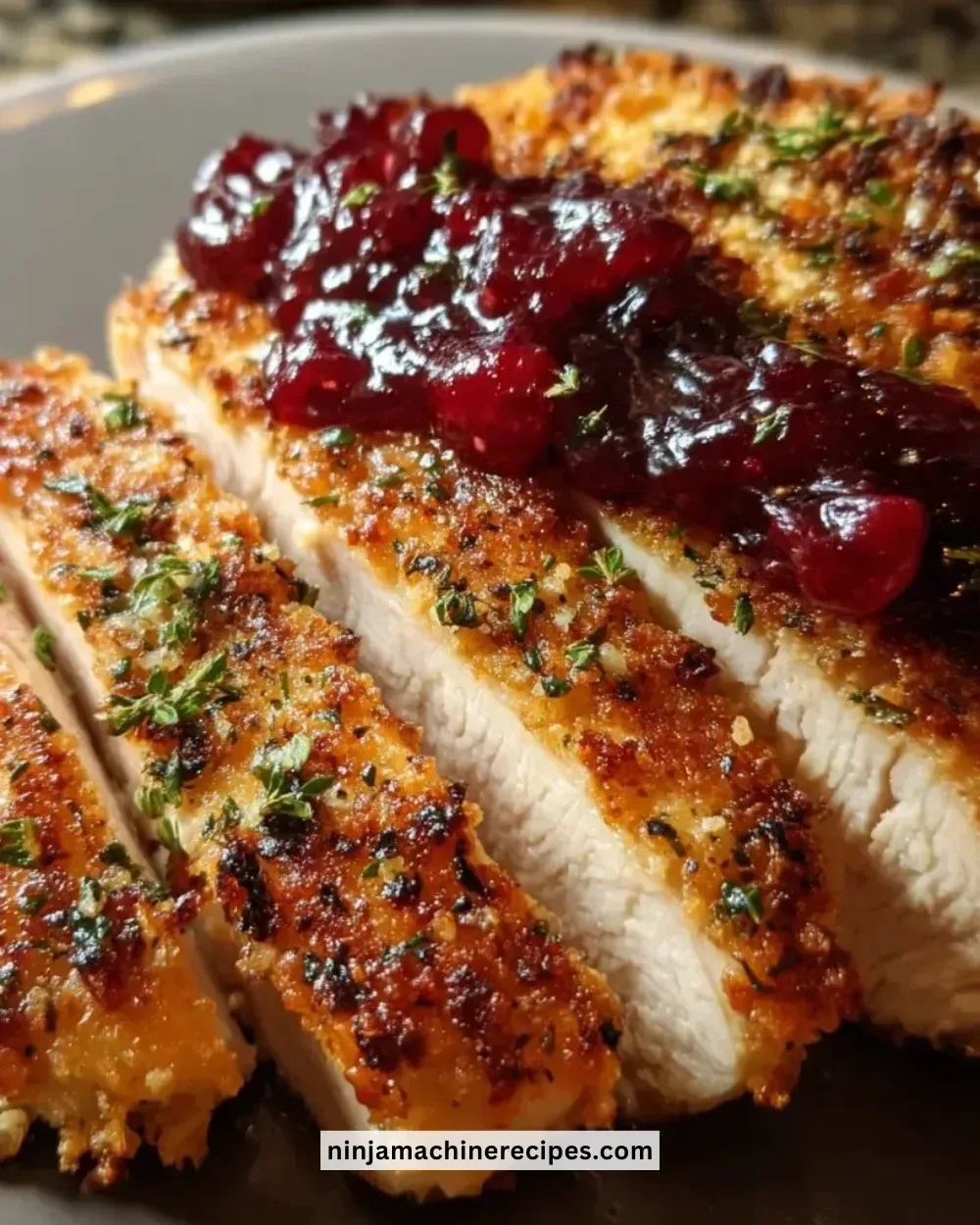 Crusted turkey fillets served with homemade cranberry sauce on a plate
