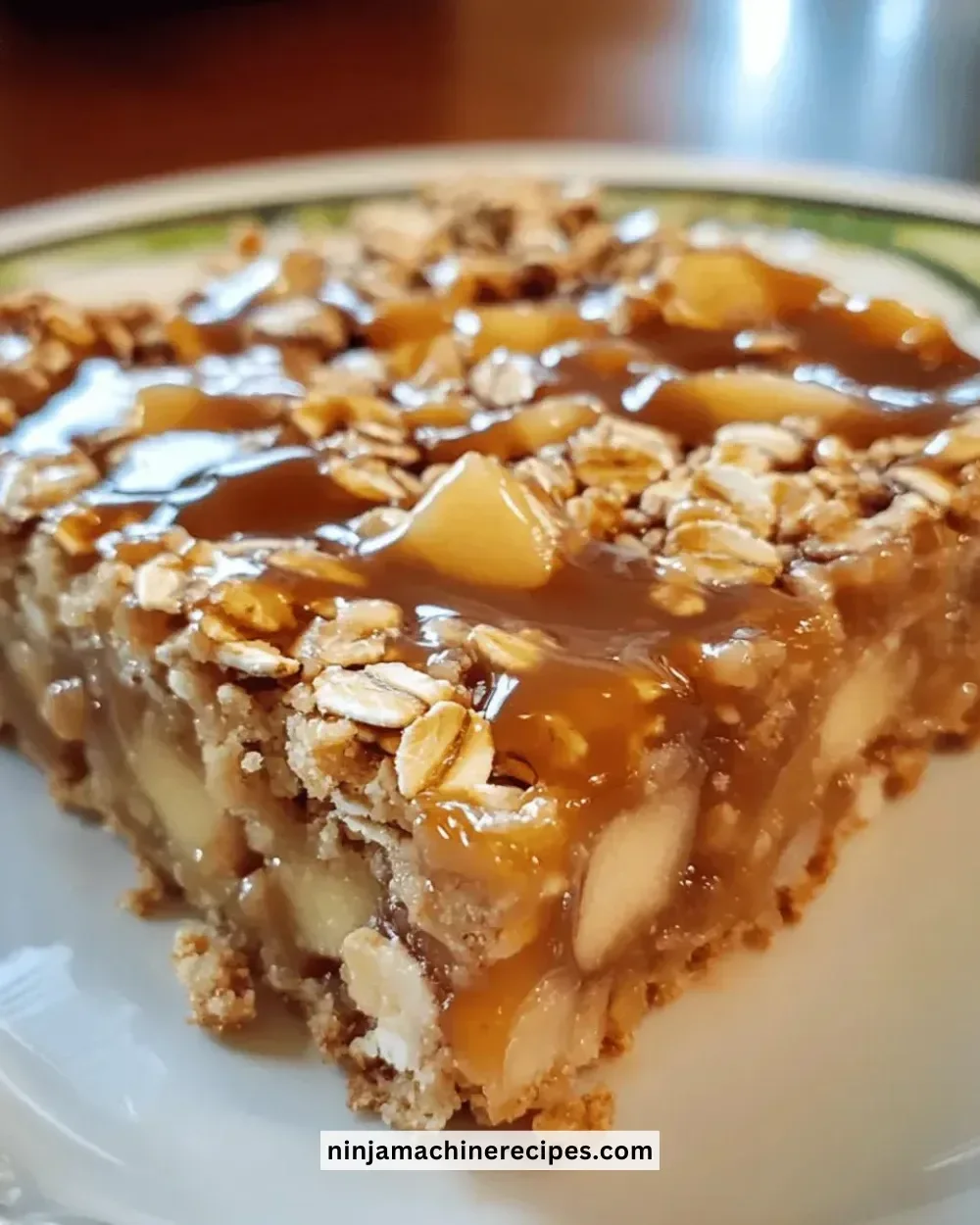 Delicious caramel apple oat bars topped with caramel drizzle