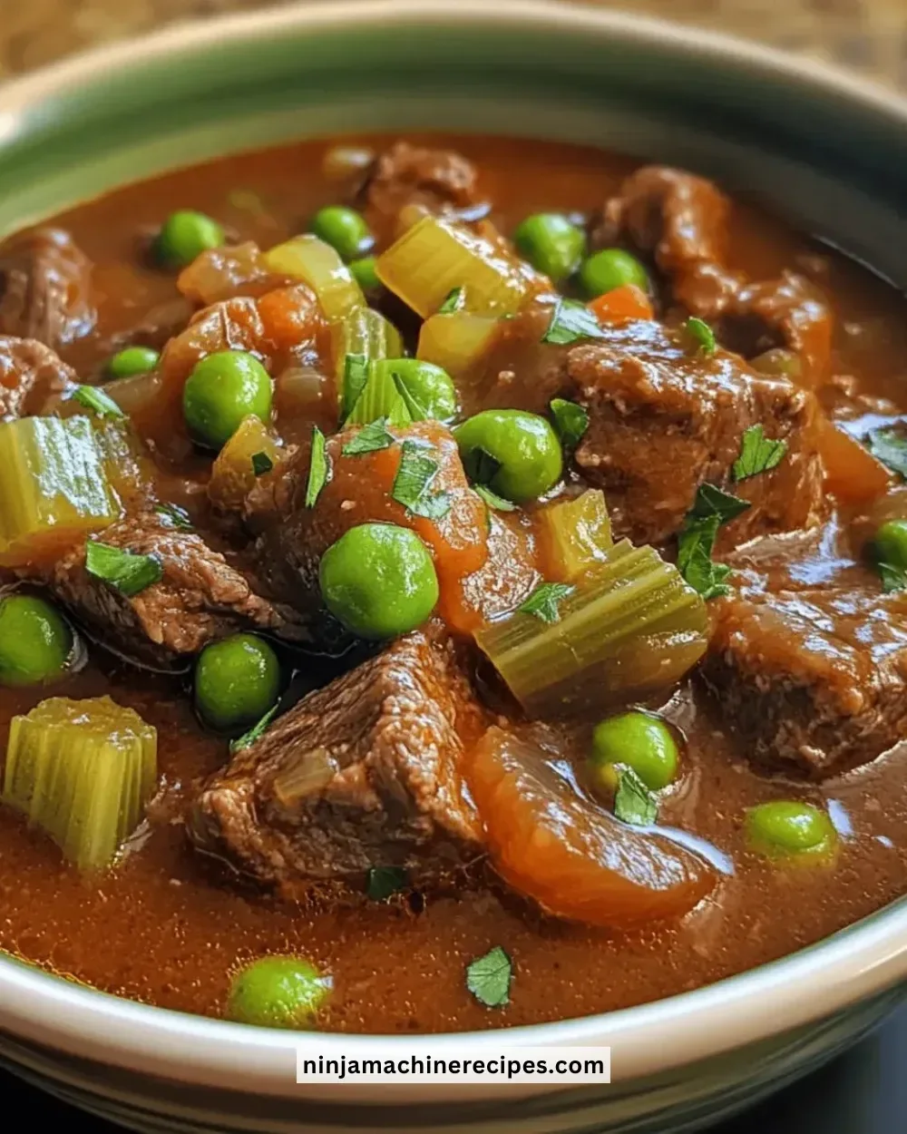 Bowl of easy Instant Pot beef stew with peas and celery