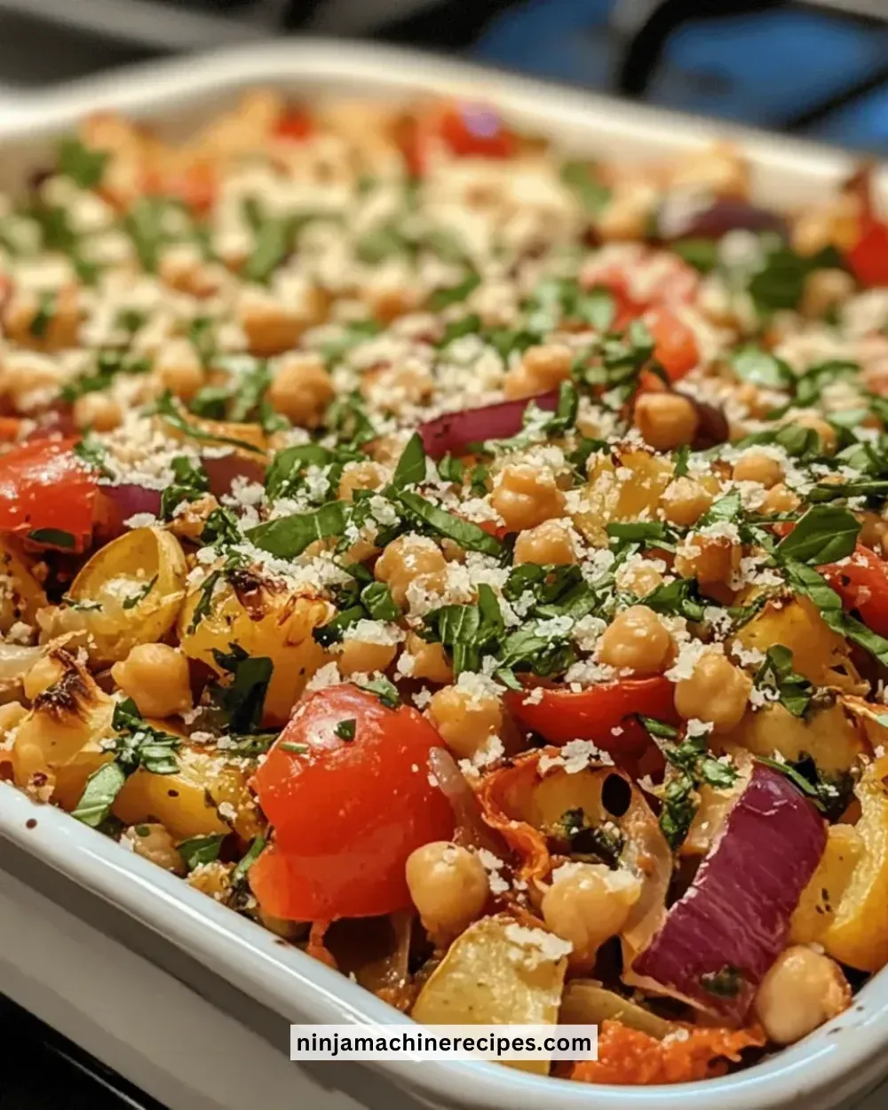 Colorful Mediterranean Veggie Bake with fresh vegetables and herbs.