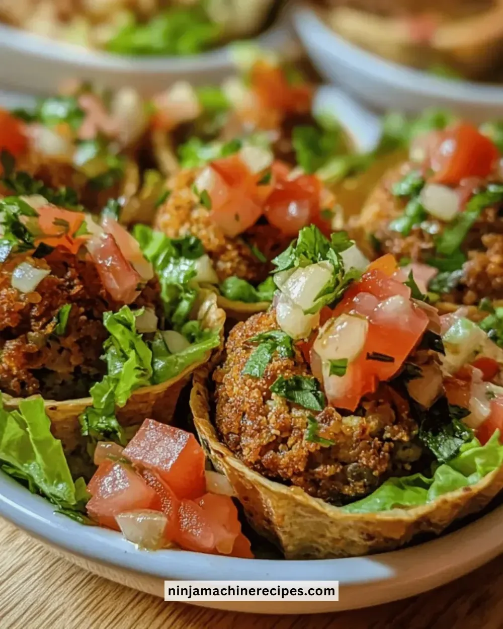 Mini falafel salad cups topped with fresh ingredients in vibrant colors