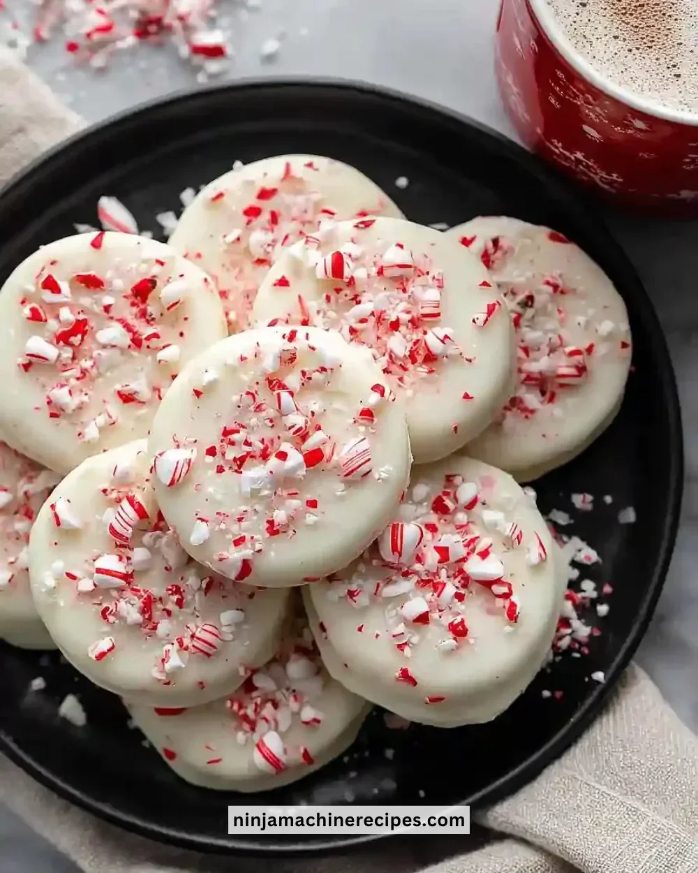 No bake peppermint bark cookies topped with crushed peppermint candy