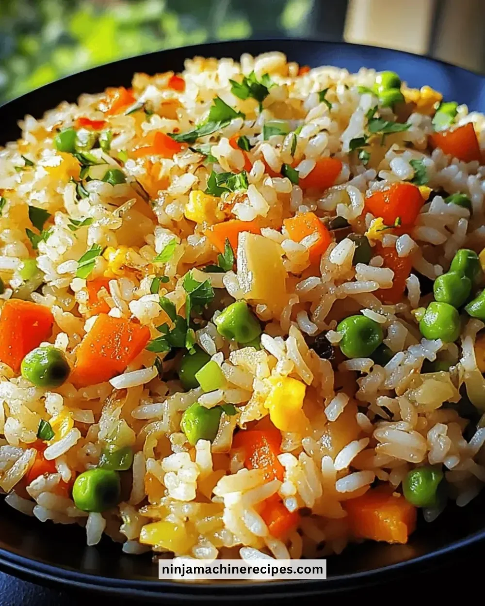 Bowl of easy quick veggie fried rice with colorful vegetables