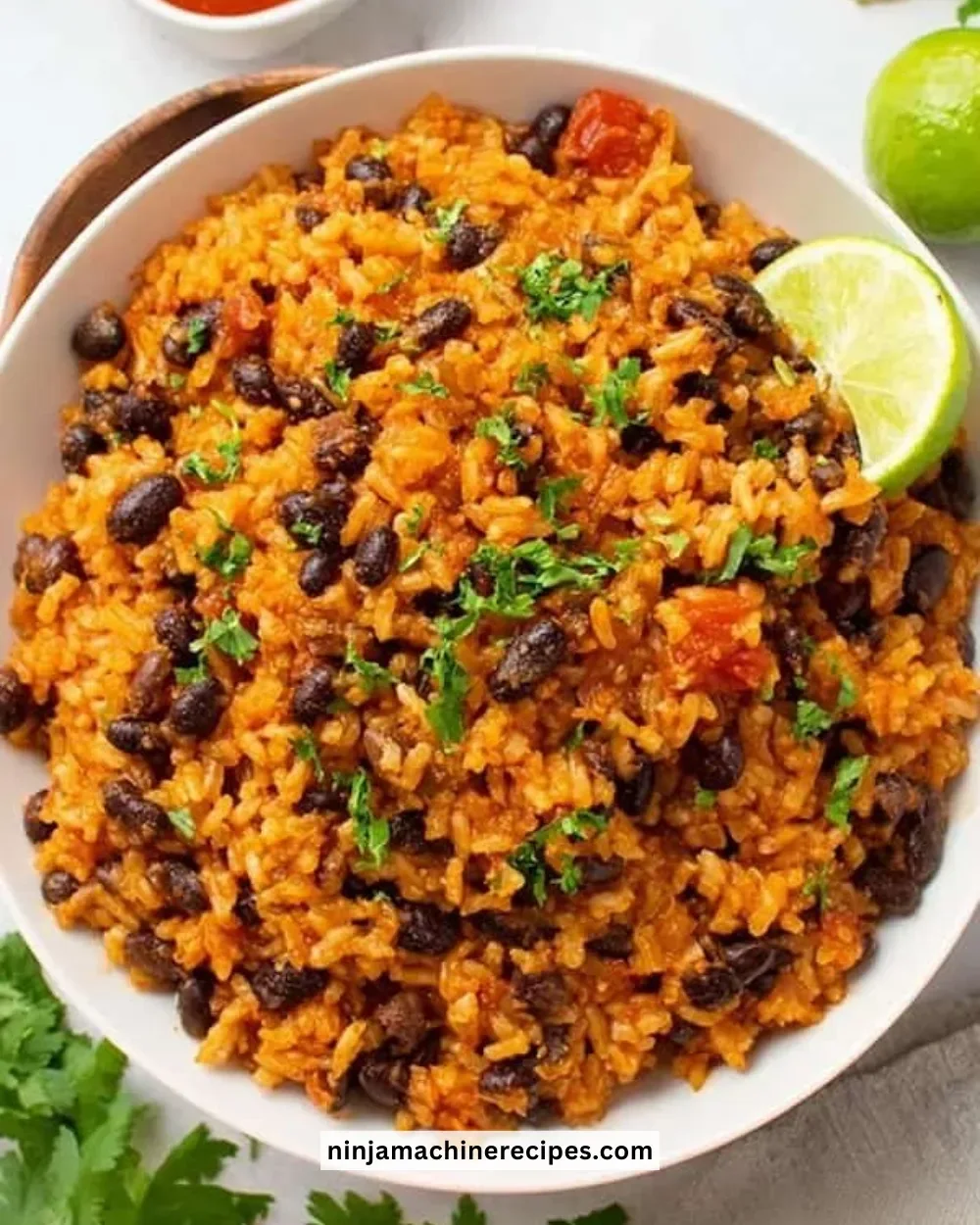 Delicious bowl of easy rice and beans garnished with herbs