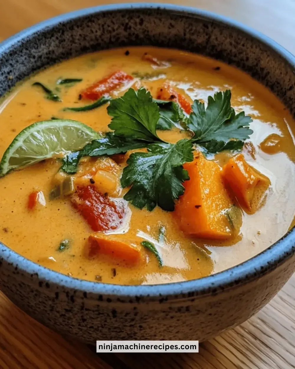 Bowl of Easy Thai Coconut Sweet Potato Soup garnished with herbs