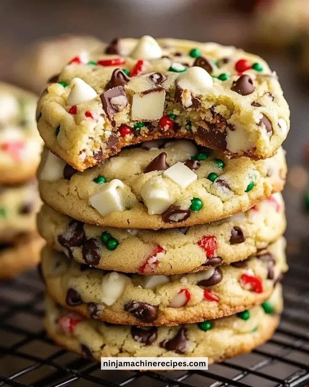 Easy Winter Wonderland Chocolate Chip Cookies stacked on a plate with festive decorations