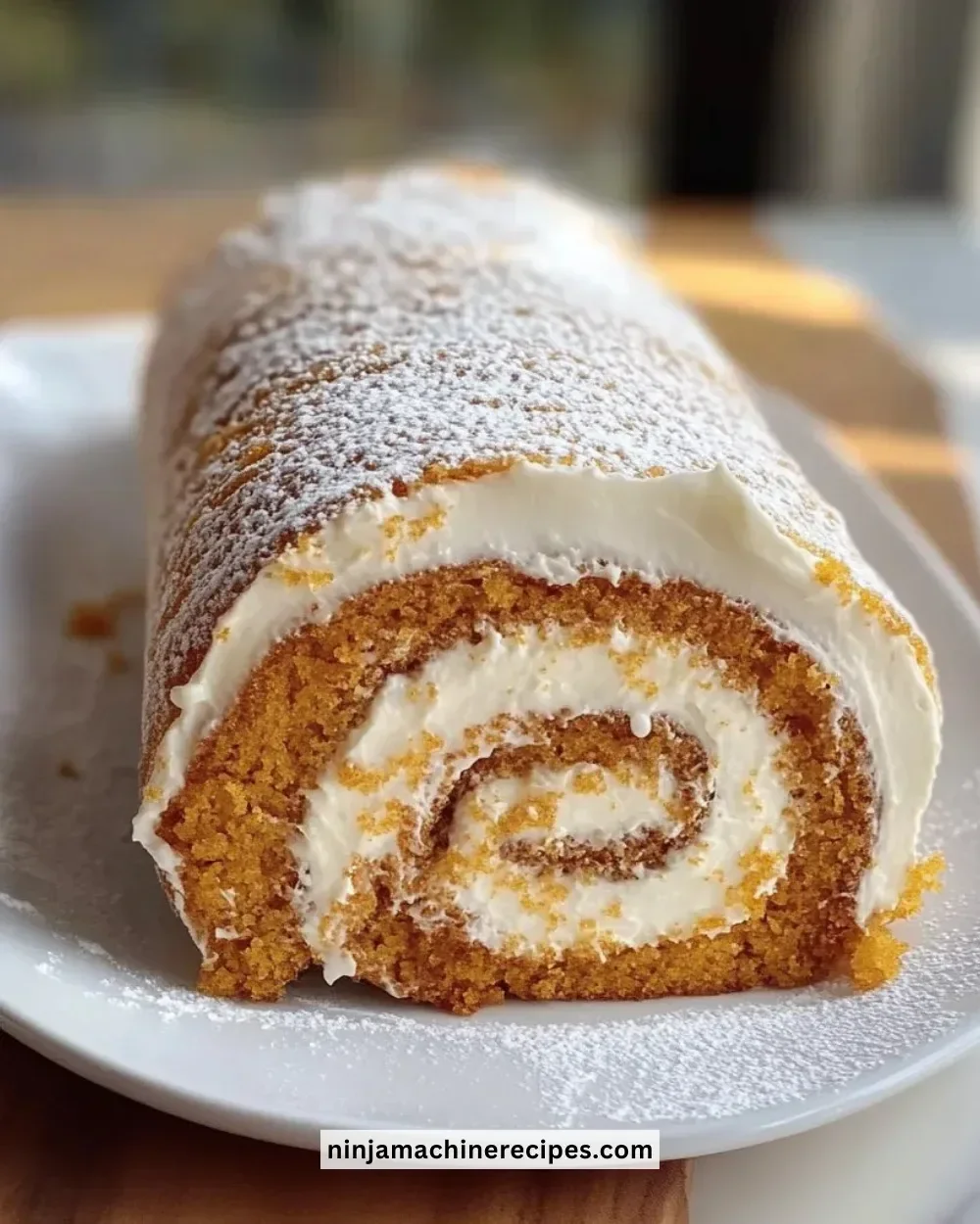 Delicious fall pumpkin spice roll cake with cream cheese frosting on a rustic table