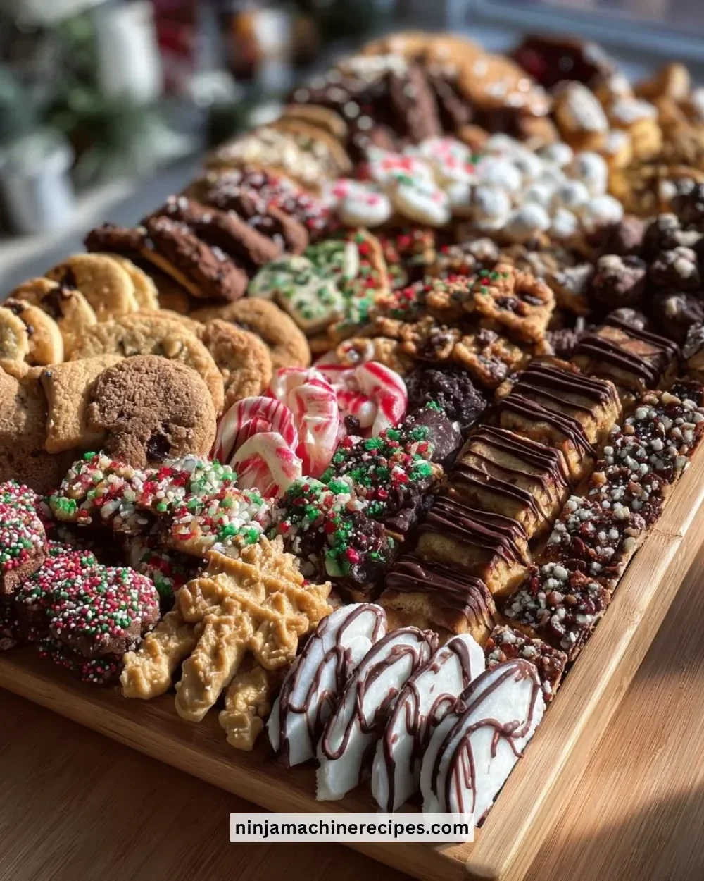 Festive Christmas cookie charcuterie board with colorful treats and decorations