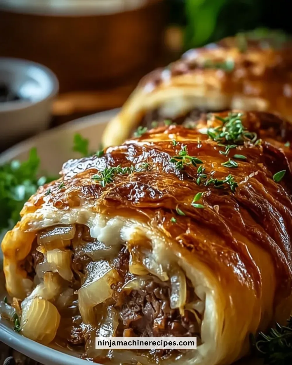 Delicious French onion beef roll served on a plate with melted cheese and herbs