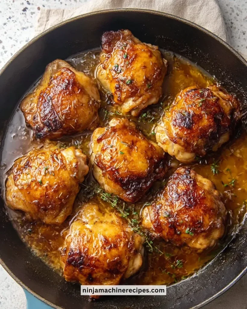 Garlic-Brown Sugar Chicken Thighs with glaze and herbs on a plate