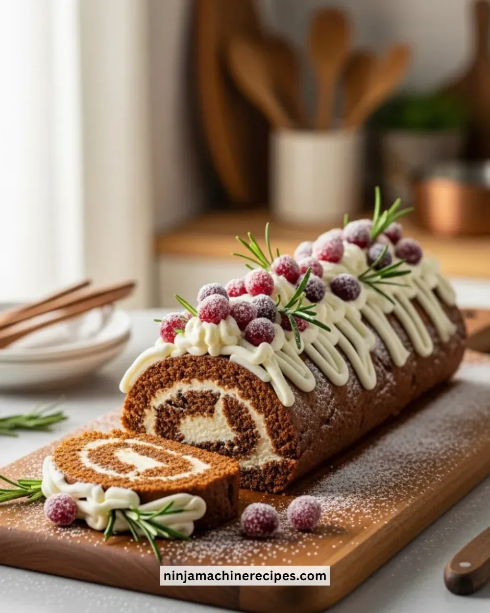 Festive Gingerbread Christmas Log Cake decorated with icing and festive toppings.