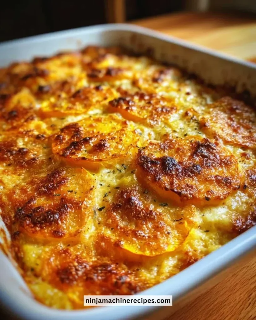 Gluten-free squash casserole topped with cheese and breadcrumbs in a baking dish