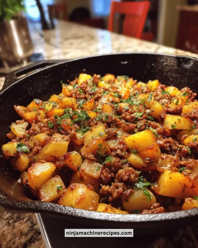 Delicious ground beef and potato hash served in a skillet.