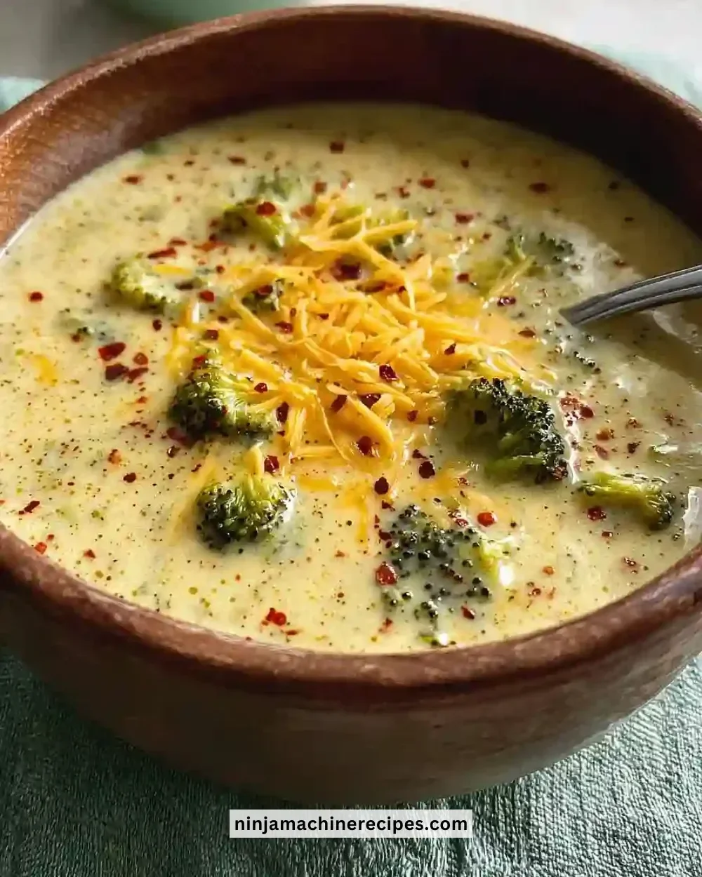 Bowl of hearty low carb broccoli cheddar soup topped with cheese and herbs