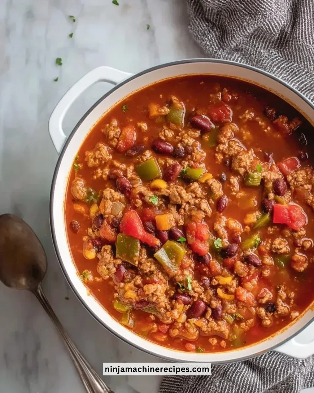 A bowl of hearty turkey vegetable chili topped with fresh herbs.